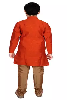Orange Self Design Boys Silk Kurta Pyjama Set