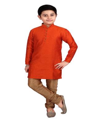 Orange Self Design Boys Silk Kurta Pyjama Set 4