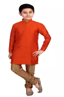 Orange Self Design Boys Silk Kurta Pyjama Set