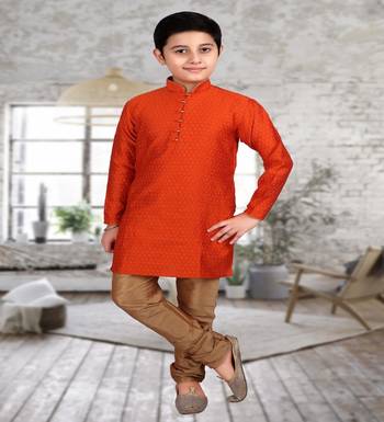 Orange Self Design Boys Silk Kurta Pyjama Set 5