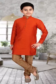Orange Self Design Boys Silk Kurta Pyjama Set