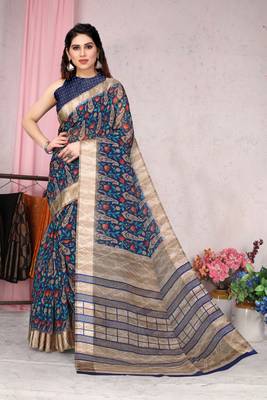 Navy blue printed cotton saree with blouse 1