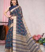 Navy blue printed cotton saree with blouse
