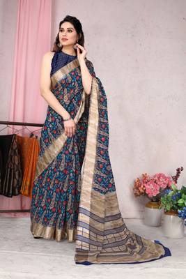 Navy blue printed cotton saree with blouse 2