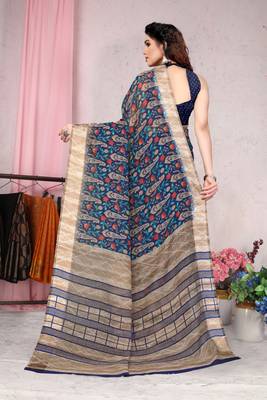 Navy blue printed cotton saree with blouse 3