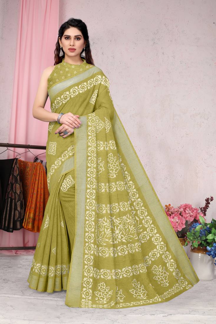 Mehendi printed cotton saree with blouse