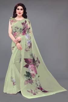 Green Printed Organza Saree With Blouse