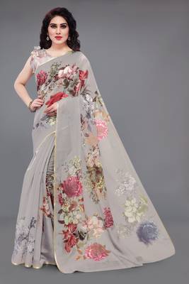 Grey Printed Organza Saree With Blouse 1