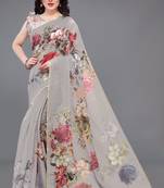 Grey Printed Organza Saree With Blouse
