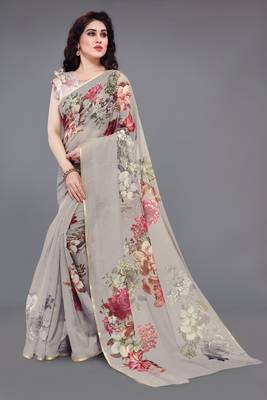 Grey Printed Organza Saree With Blouse 2