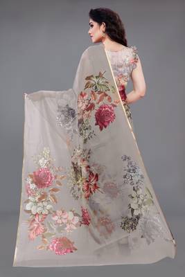 Grey Printed Organza Saree With Blouse 3