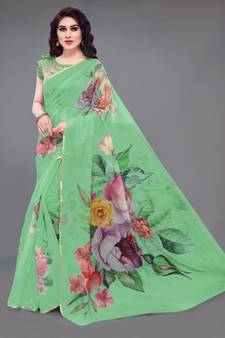 Green Printed Organza Saree With Blouse