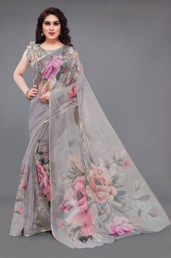Grey Organza Multicolor Floral Printed Party Wear Saree