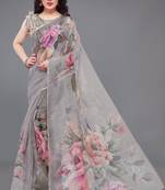 Grey Organza Multicolor Floral Printed Party Wear Saree