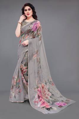 Grey Organza Multicolor Floral Printed Party Wear Saree 2
