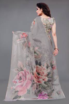 Grey Organza Multicolor Floral Printed Party Wear Saree 3