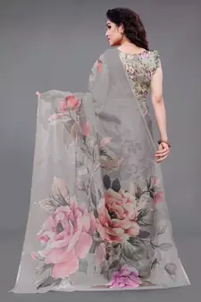 Grey Organza Multicolor Floral Printed Party Wear Saree