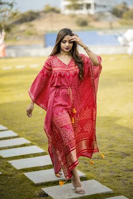 Red colour pure gaji silk bandhani kaftan 1