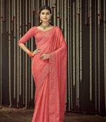 Glamorous Peach Thread, Zari Embroidered Organza Saree With Blouse