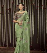 Graceful Olive Green Thread, Sequins Embroidered Organza Saree With Blouse