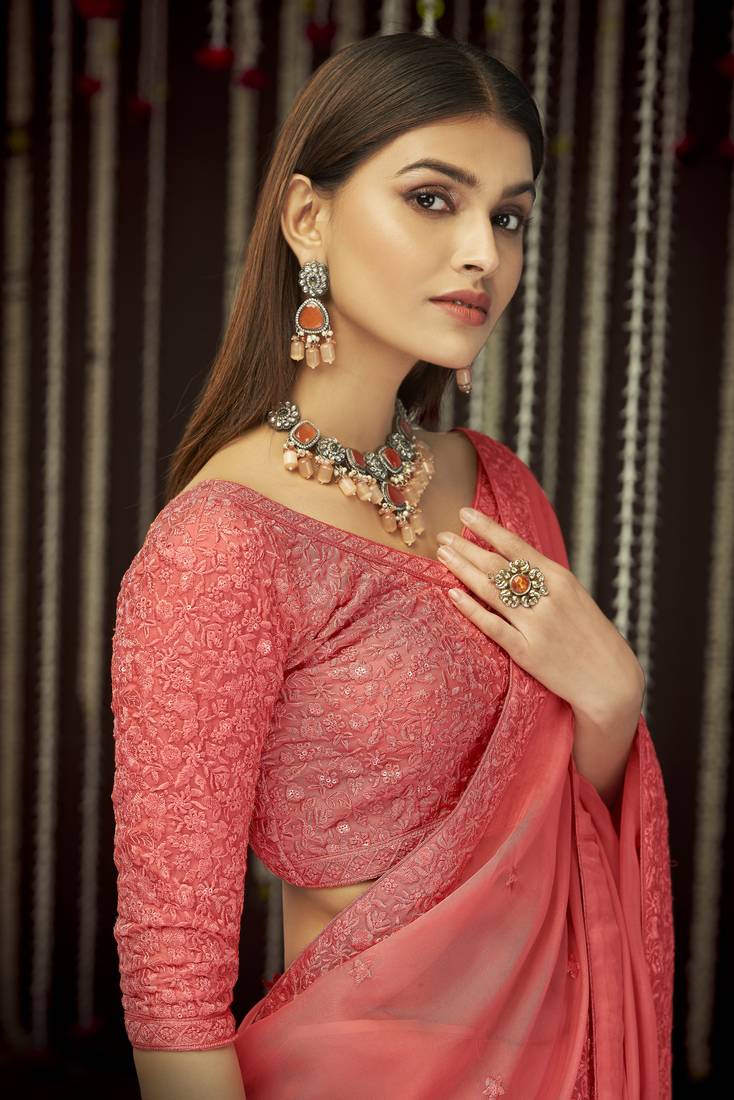 Glamorous Peach Thread, Zari Embroidered Organza Saree With Blouse
