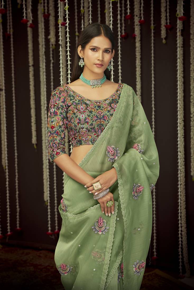 Graceful Olive Green Thread, Sequins Embroidered Organza Saree With Blouse