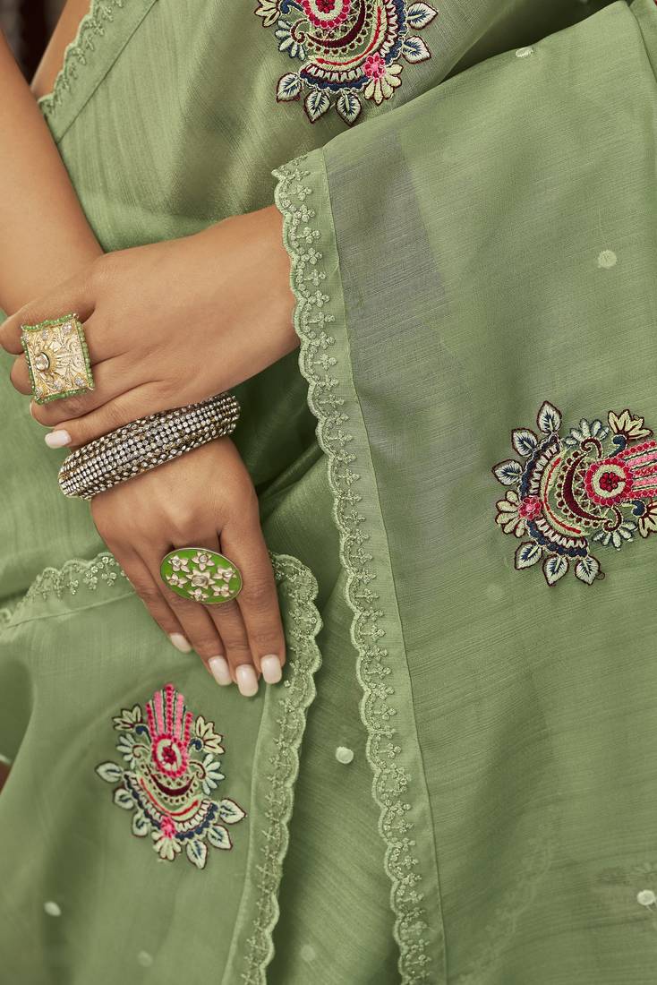 Graceful Olive Green Thread, Sequins Embroidered Organza Saree With Blouse