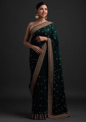 Enchanting Green Dori And Sequins Embroidered With Stone Work Art Silk Saree With Blouse 1