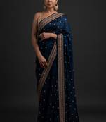 Mesmerizing Navy Blue Dori And Sequins Embroidered With Stone Work Art Silk Saree With Gota Blouse