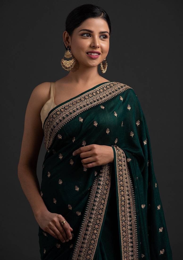 Enchanting Green Dori And Sequins Embroidered With Stone Work Art Silk Saree With Blouse