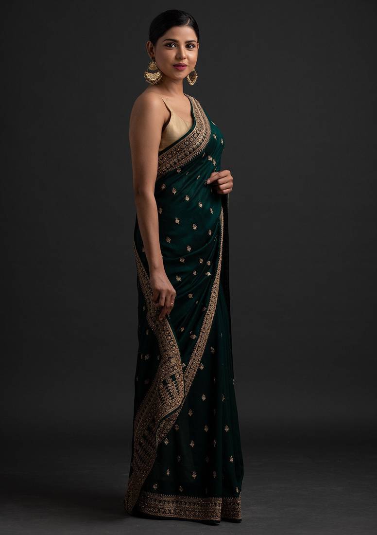 Enchanting Green Dori And Sequins Embroidered With Stone Work Art Silk Saree With Blouse