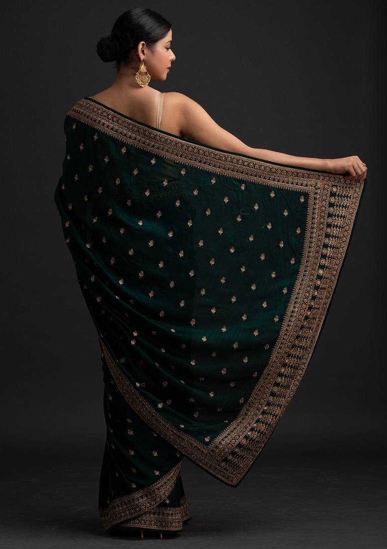 Enchanting Green Dori And Sequins Embroidered With Stone Work Art Silk Saree With Blouse
