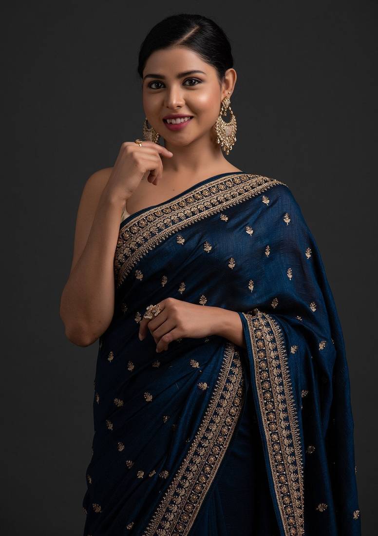 Mesmerizing Navy Blue Dori And Sequins Embroidered With Stone Work Art Silk Saree With Gota Blouse