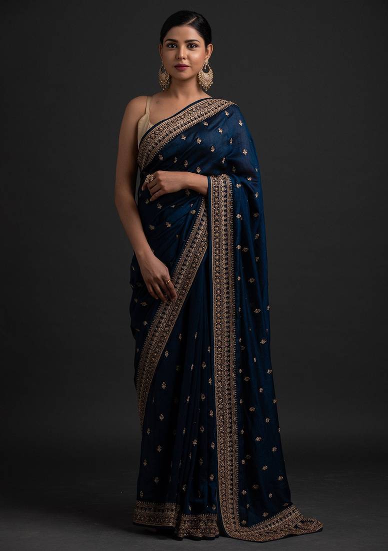 Mesmerizing Navy Blue Dori And Sequins Embroidered With Stone Work Art Silk Saree With Gota Blouse