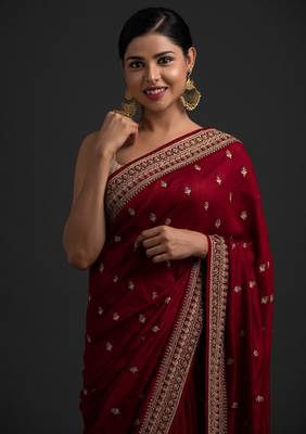 Catching Maroon Dori And Sequins Embroidered With Stone Work Art Silk Saree 2