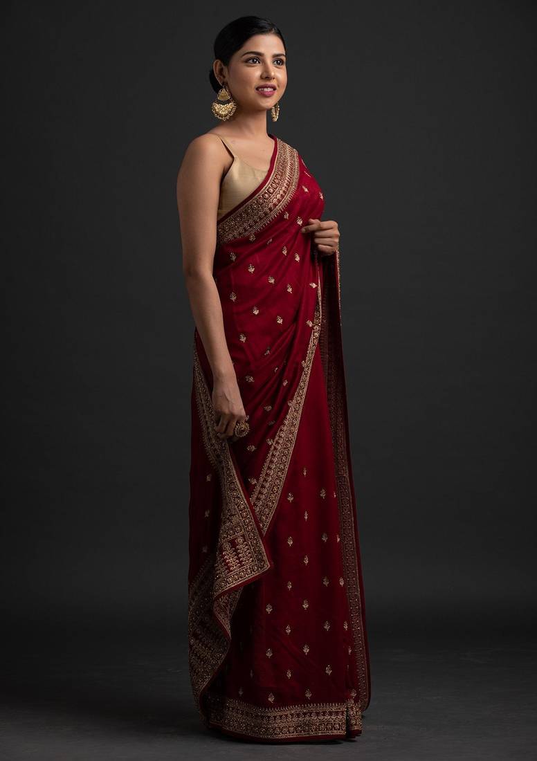 Catching Maroon Dori And Sequins Embroidered With Stone Work Art Silk Saree