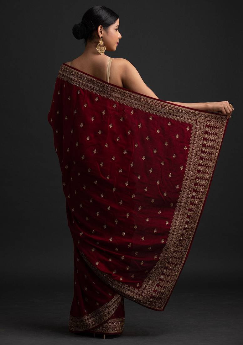 Catching Maroon Dori And Sequins Embroidered With Stone Work Art Silk Saree