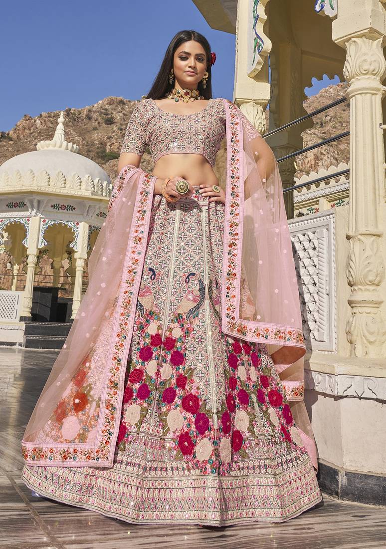 Baby Pink Sequins, Multi Thread Embroidered with and Patch Diamond work Net Bridal Lehenga Choli