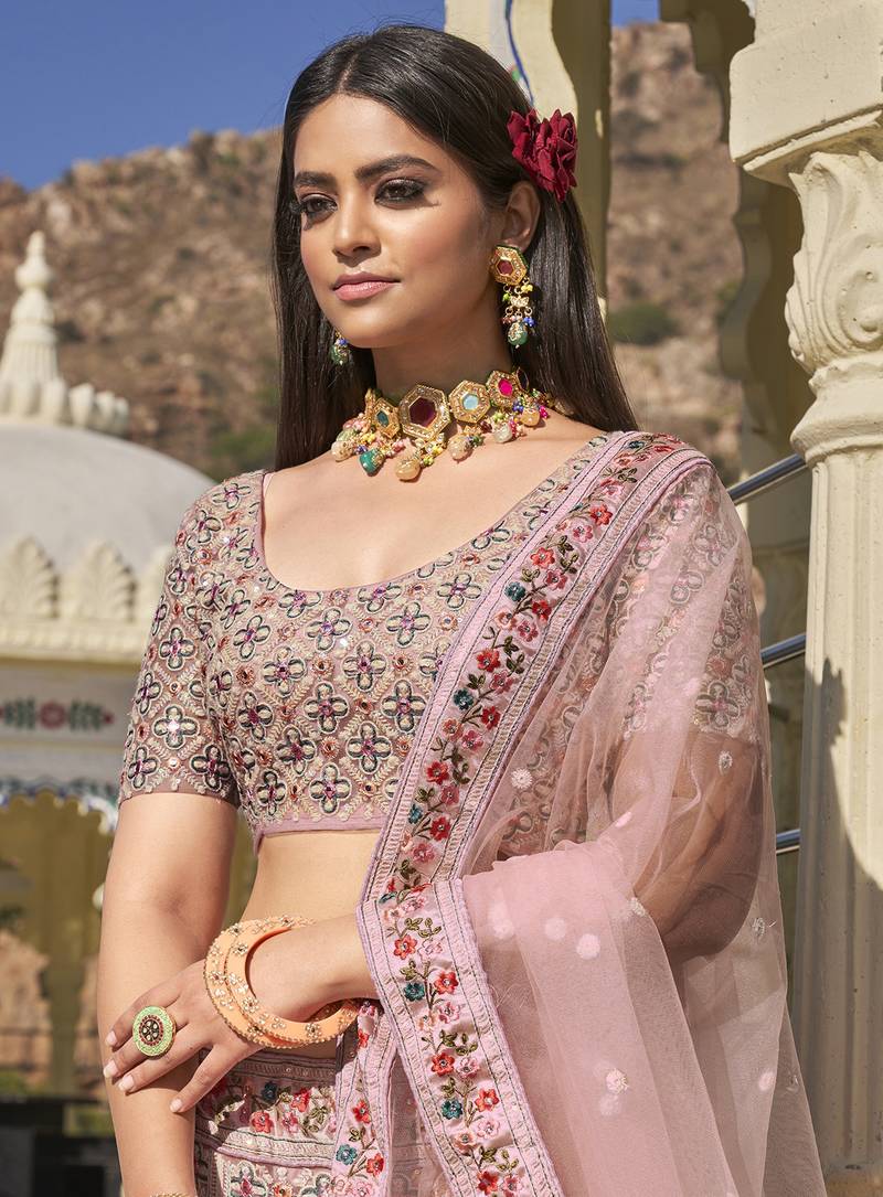 Baby Pink Sequins, Multi Thread Embroidered with and Patch Diamond work Net Bridal Lehenga Choli