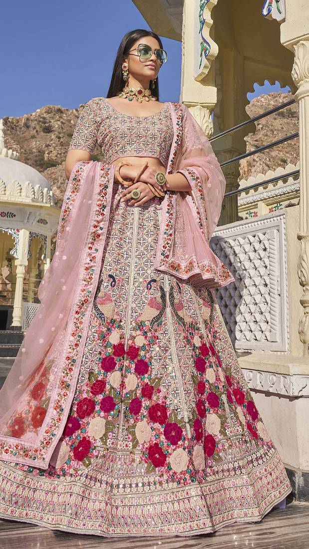 Baby Pink Sequins, Multi Thread Embroidered with and Patch Diamond work Net Bridal Lehenga Choli