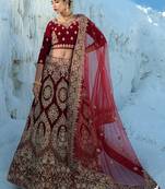 Maroon Multi Thread and Dori Embroidered Bridal velvet Lehenga choli
