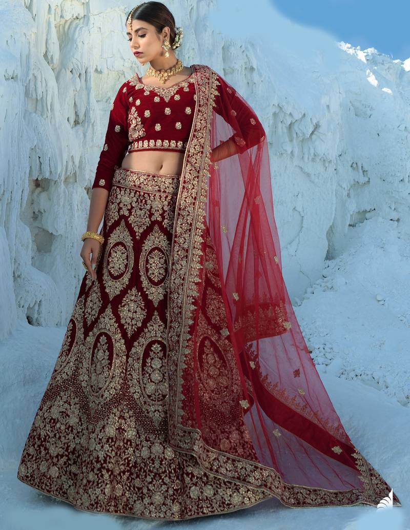 Maroon Multi Thread and Dori Embroidered Bridal velvet Lehenga choli