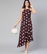 White polka print A-symmetrical partywear women long dress