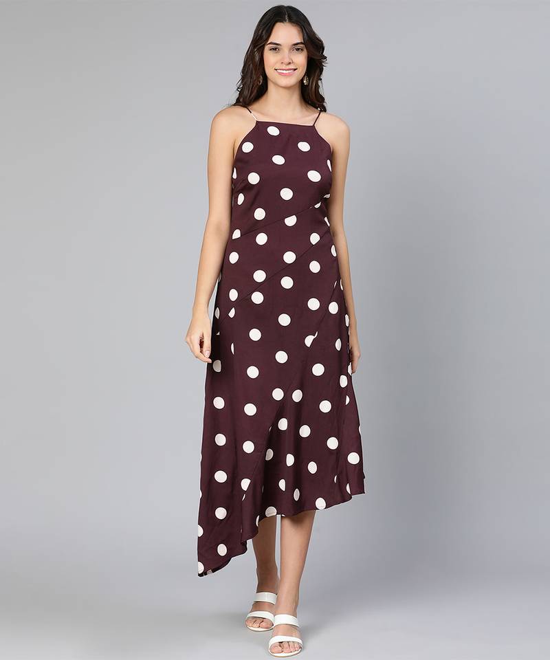White polka print A-symmetrical partywear women long dress