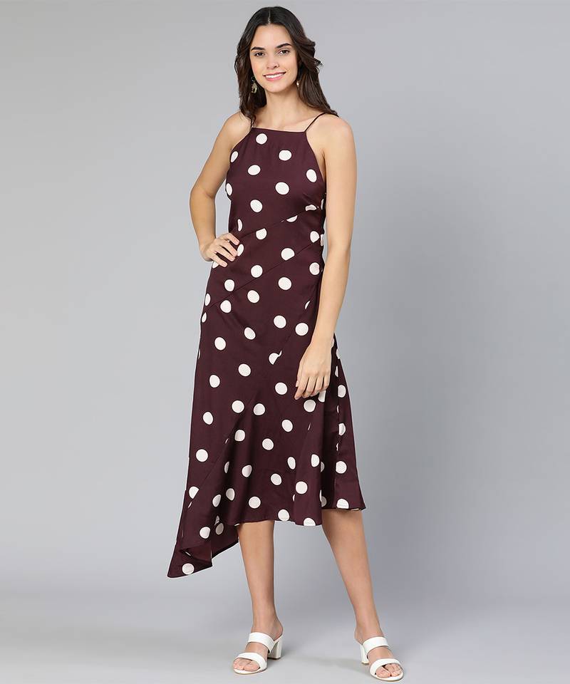 White polka print A-symmetrical partywear women long dress