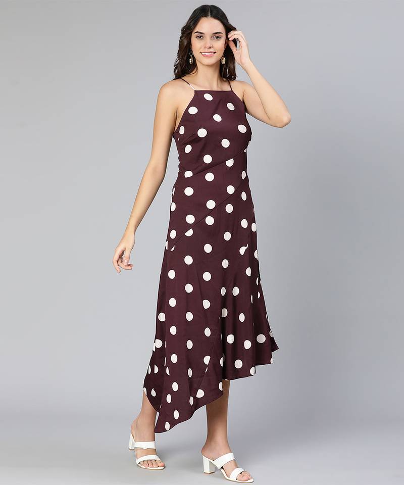White polka print A-symmetrical partywear women long dress
