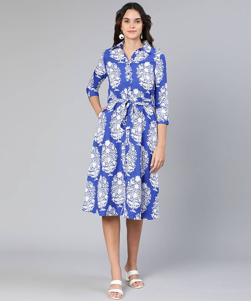 Brash blue printed button-down women dress