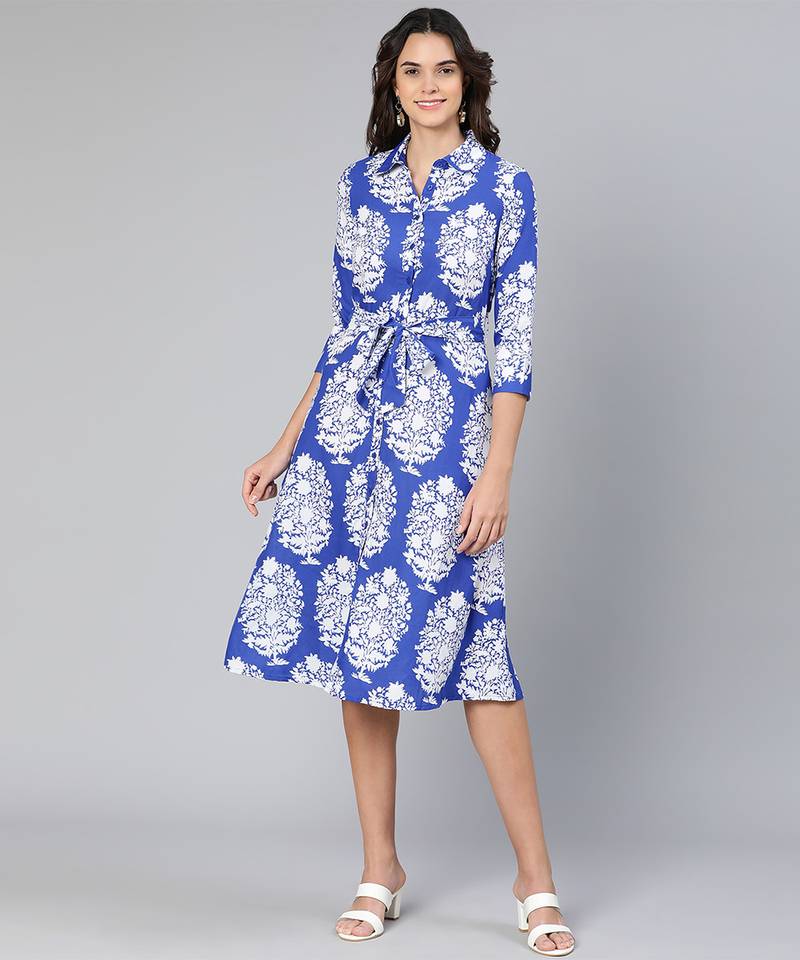 Brash blue printed button-down women dress