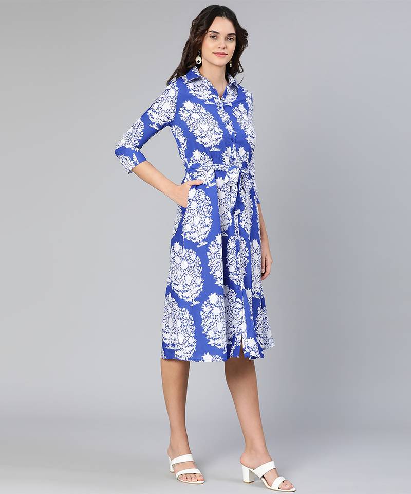Brash blue printed button-down women dress