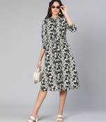 Glassed black floral print button-dowm women dress